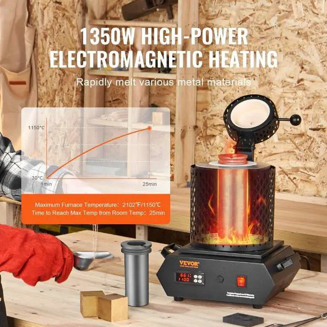 Alt view image 4 of 7 - VEVOR 1350W Gold Melting Furnace, Electric Digital Smelting Furnace, 2102/1150 Electric Melting Furnace with 1kg and 3 kg Graphite Crucibles for Melting Gold, Silver, Aluminum, Copper
