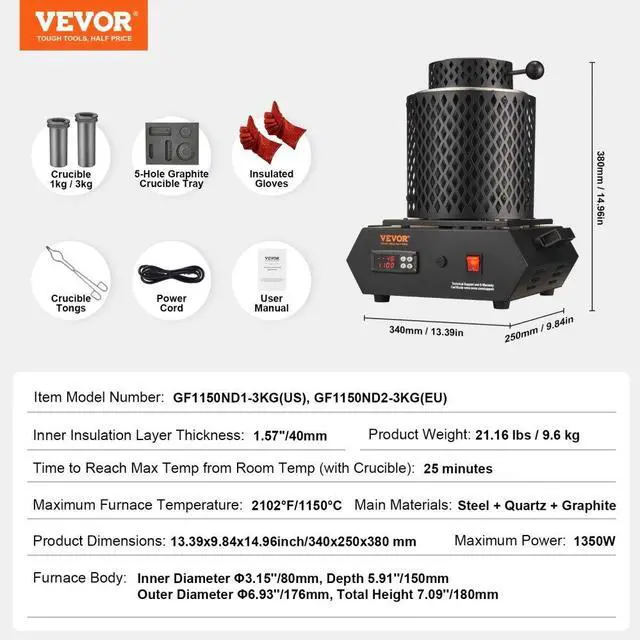 Alt view image 7 of 7 - VEVOR 1350W Gold Melting Furnace, Electric Digital Smelting Furnace, 2102/1150 Electric Melting Furnace with 1kg and 3 kg Graphite Crucibles for Melting Gold, Silver, Aluminum, Copper