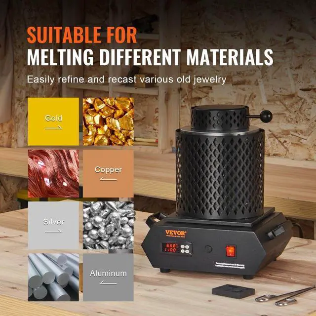 Alt view image 6 of 7 - VEVOR 1350W Gold Melting Furnace, Electric Digital Smelting Furnace, 2102/1150 Electric Melting Furnace with 1kg and 3 kg Graphite Crucibles for Melting Gold, Silver, Aluminum, Copper