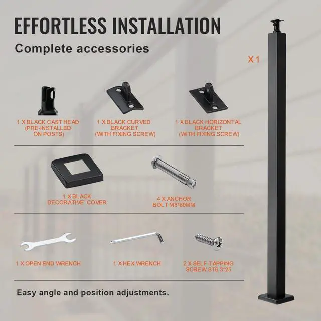 Alt view image 6 of 7 - VEVOR Cable Railing Post, 36" x 2" x 2" Steel Level Deck Railing Post Without Holes, SUS304 Stainless Steel Cable Rail Post, Stair Handrail Post with Horizontal and Curved Bracket, 1-Pack, Black