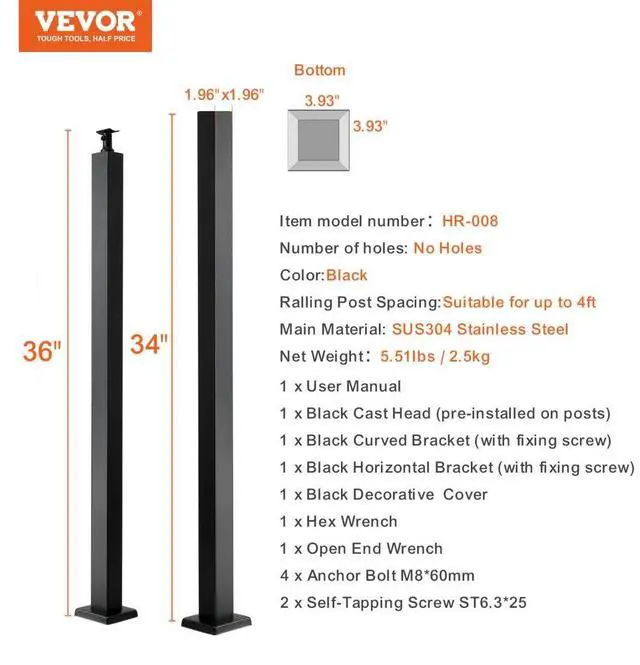 Alt view image 7 of 7 - VEVOR Cable Railing Post, 36" x 2" x 2" Steel Level Deck Railing Post Without Holes, SUS304 Stainless Steel Cable Rail Post, Stair Handrail Post with Horizontal and Curved Bracket, 1-Pack, Black