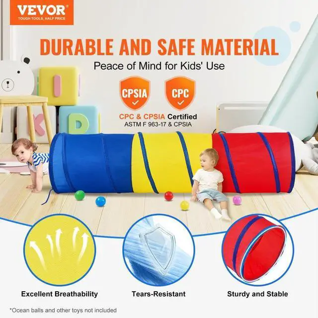 Alt view image 2 of 14 - VEVOR Kids Play Tunnel Tent for Toddlers, Colorful Pop Up Crawl Tunnel Toy for Baby or Pet, Collapsible Gift for Boy and Girl Play Tunnel Indoor and Outdoor Game Red/Yellow/Blue Multicolor