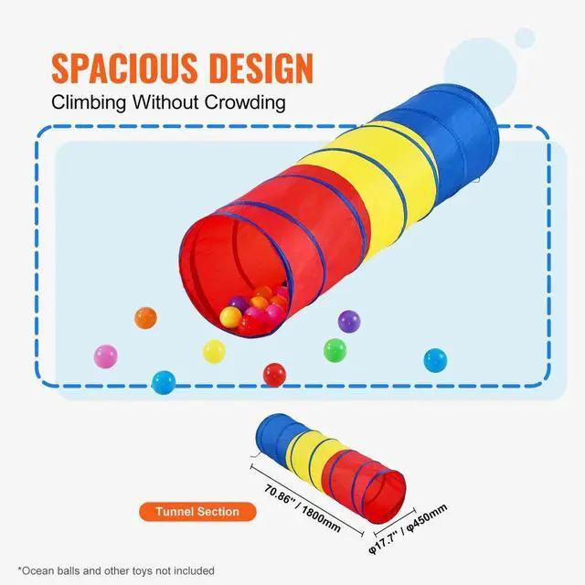 Alt view image 3 of 14 - VEVOR Kids Play Tunnel Tent for Toddlers, Colorful Pop Up Crawl Tunnel Toy for Baby or Pet, Collapsible Gift for Boy and Girl Play Tunnel Indoor and Outdoor Game Red/Yellow/Blue Multicolor