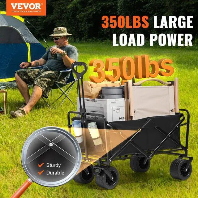 Alt view image 2 of 7 - VEVOR Collapsible Folding Wagon, 3 cu.ft Beach Wagon Cart with All-Terrain Wheels, Heavy Duty Folding Wagon Cart 350 lbs Weight Capacity with Drink Holders, Sports Wagon for Camping, Shopping, Garden