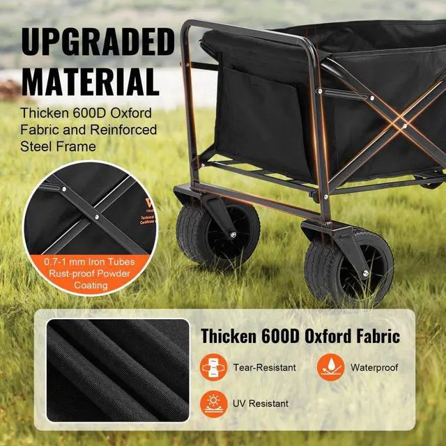 Alt view image 3 of 7 - VEVOR Collapsible Folding Wagon, 3 cu.ft Beach Wagon Cart with All-Terrain Wheels, Heavy Duty Folding Wagon Cart 350 lbs Weight Capacity with Drink Holders, Sports Wagon for Camping, Shopping, Garden