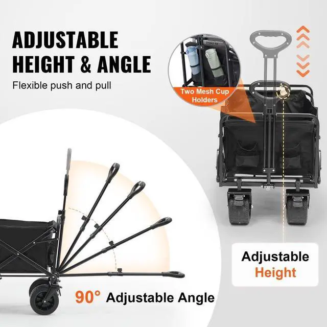 Alt view image 5 of 7 - VEVOR Collapsible Folding Wagon, 3 cu.ft Beach Wagon Cart with All-Terrain Wheels, Heavy Duty Folding Wagon Cart 350 lbs Weight Capacity with Drink Holders, Sports Wagon for Camping, Shopping, Garden