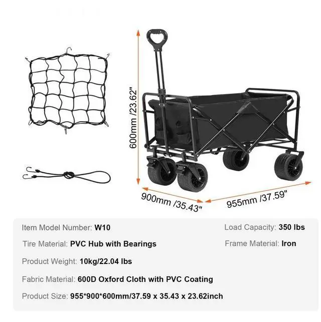 Alt view image 7 of 7 - VEVOR Collapsible Folding Wagon, 3 cu.ft Beach Wagon Cart with All-Terrain Wheels, Heavy Duty Folding Wagon Cart 350 lbs Weight Capacity with Drink Holders, Sports Wagon for Camping, Shopping, Garden