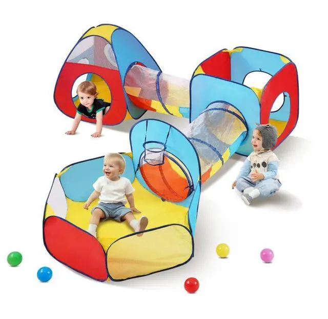 Main image of VEVOR 5 in 1 Kids Play Tent with Tunnel, Basketball Hoop for Boys, Girls, Babies and Toddlers, Indoor/Outdoor Pop Up Playhouse with Carrying Bag & Banding Straps Birthday Gifts, Red/Yellow/Blue
