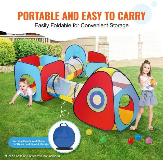 Alt view image 5 of 14 - VEVOR 5 in 1 Kids Play Tent with Tunnel, Basketball Hoop for Boys, Girls, Babies and Toddlers, Indoor/Outdoor Pop Up Playhouse with Carrying Bag & Banding Straps Birthday Gifts, Red/Yellow/Blue