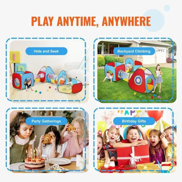 Alt view image 6 of 14 - VEVOR 5 in 1 Kids Play Tent with Tunnel, Basketball Hoop for Boys, Girls, Babies and Toddlers, Indoor/Outdoor Pop Up Playhouse with Carrying Bag & Banding Straps Birthday Gifts, Red/Yellow/Blue