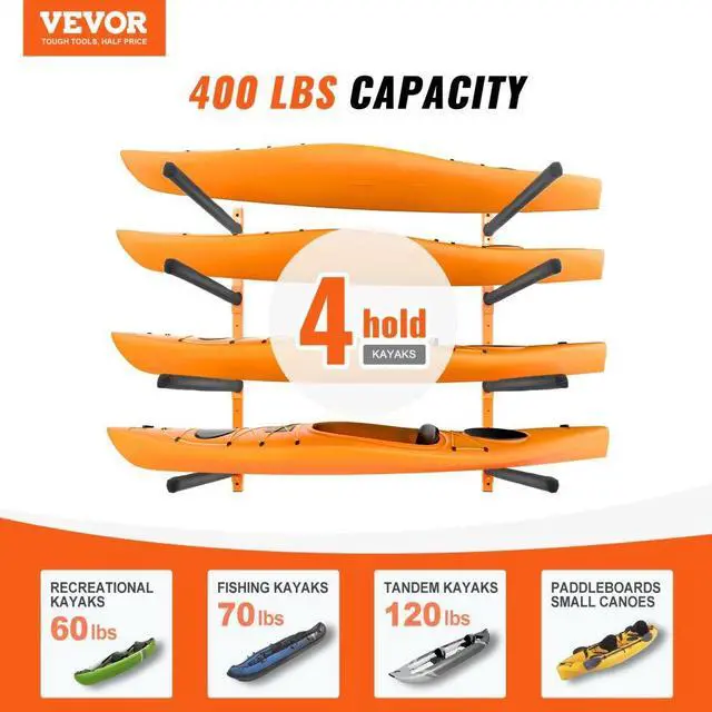 Alt view image 2 of 7 - VEVOR Wall Kayak Storage Rack, 4-Capacity Wall Mounted Kayak Holders for Kayak Canoe Paddle Board, Kayak Storage Hooks with Adjustable Padded Arms, 400 LBS Load Kayak Hanger for Indoor Outdoor Garage