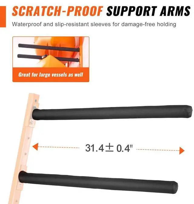 Alt view image 5 of 7 - VEVOR Wall Kayak Storage Rack, 4-Capacity Wall Mounted Kayak Holders for Kayak Canoe Paddle Board, Kayak Storage Hooks with Adjustable Padded Arms, 400 LBS Load Kayak Hanger for Indoor Outdoor Garage