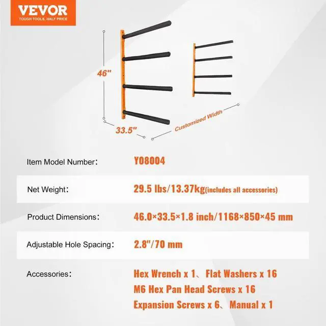 Alt view image 7 of 7 - VEVOR Wall Kayak Storage Rack, 4-Capacity Wall Mounted Kayak Holders for Kayak Canoe Paddle Board, Kayak Storage Hooks with Adjustable Padded Arms, 400 LBS Load Kayak Hanger for Indoor Outdoor Garage
