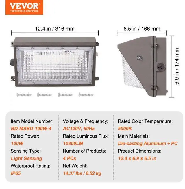 Alt view image 7 of 7 - VEVOR 4PCs LED Wall Pack Lights, 100W 10800LM, 5000K Commercial Outdoor Lights Security Lighting Fixture, with Intelligent Light Sensing 180 LED beads Energy Saving for Garages Yards, IP65 Waterproof