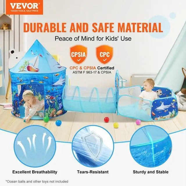 Alt view image 2 of 7 - VEVOR 3 in 1 Kids Play Tent with Tunnel, Basketball Hoop for Boys, Girls, Babies and Toddlers, Indoor/Outdoor Pop Up Playhouse with Carrying Bag & Banding Straps Birthday Gifts, Blue Ocean