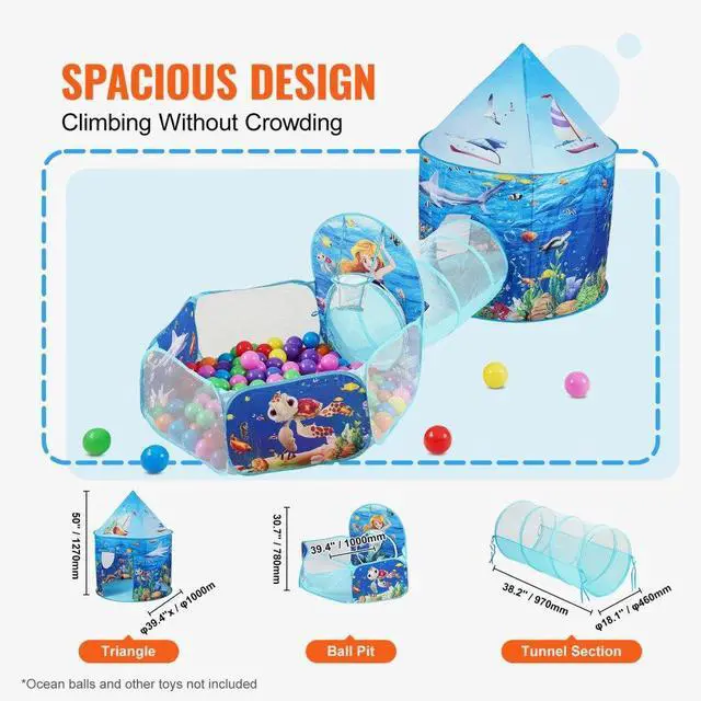 Alt view image 3 of 7 - VEVOR 3 in 1 Kids Play Tent with Tunnel, Basketball Hoop for Boys, Girls, Babies and Toddlers, Indoor/Outdoor Pop Up Playhouse with Carrying Bag & Banding Straps Birthday Gifts, Blue Ocean