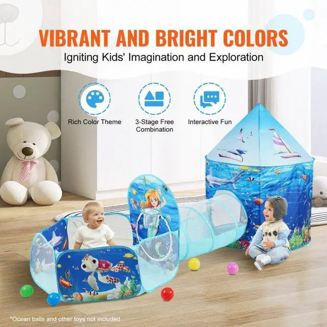 Alt view image 4 of 7 - VEVOR 3 in 1 Kids Play Tent with Tunnel, Basketball Hoop for Boys, Girls, Babies and Toddlers, Indoor/Outdoor Pop Up Playhouse with Carrying Bag & Banding Straps Birthday Gifts, Blue Ocean