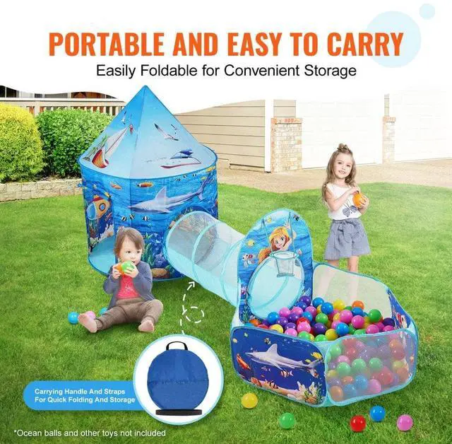 Alt view image 5 of 7 - VEVOR 3 in 1 Kids Play Tent with Tunnel, Basketball Hoop for Boys, Girls, Babies and Toddlers, Indoor/Outdoor Pop Up Playhouse with Carrying Bag & Banding Straps Birthday Gifts, Blue Ocean