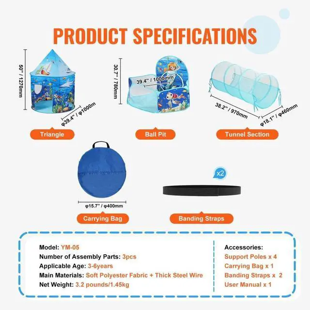 Alt view image 7 of 7 - VEVOR 3 in 1 Kids Play Tent with Tunnel, Basketball Hoop for Boys, Girls, Babies and Toddlers, Indoor/Outdoor Pop Up Playhouse with Carrying Bag & Banding Straps Birthday Gifts, Blue Ocean