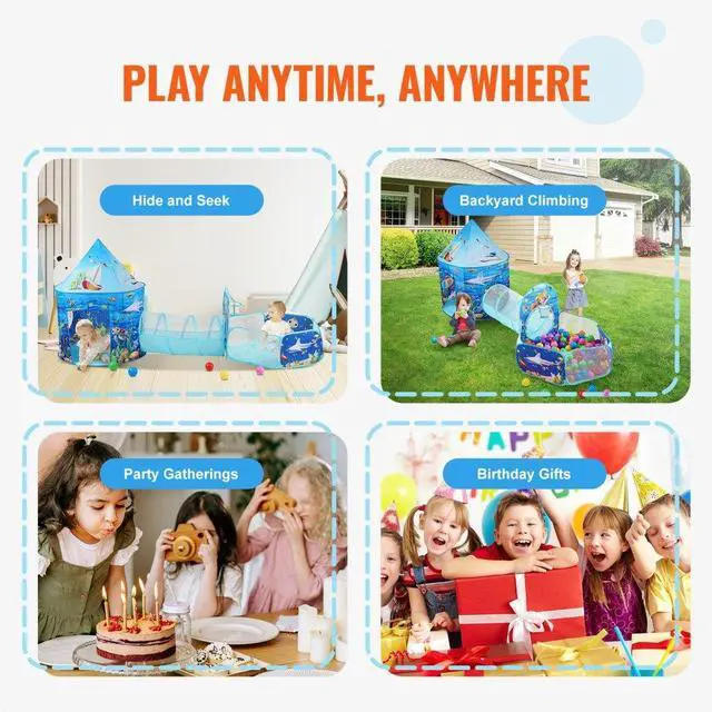 Alt view image 6 of 7 - VEVOR 3 in 1 Kids Play Tent with Tunnel, Basketball Hoop for Boys, Girls, Babies and Toddlers, Indoor/Outdoor Pop Up Playhouse with Carrying Bag & Banding Straps Birthday Gifts, Blue Ocean
