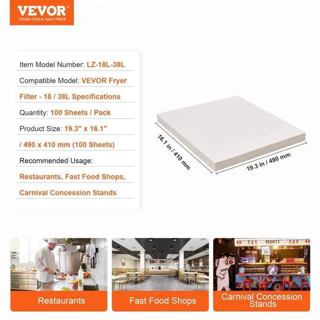 Alt view image 7 of 14 - VEVOR Fryer Filter Paper, 100 Sheets, 19.3" x 16.1", Replacement Deep Fryer Filter Sheets for 18L/38L Commercial Mobile Fryer Filter Machine, for Restaurant, Fast Food Shop, Carnival Concession Stand