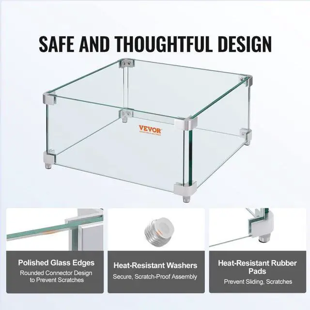 Alt view image 5 of 7 - VEVOR Gas Fire Pit Wind Guard for Square Fire Table, 15 x 15 x 7 inch Clear Tempered Wind Guard for Firepits, 0.31 inch Thick Square Glass Shield, Glass Panel with Hard Corner Bracket & Feet