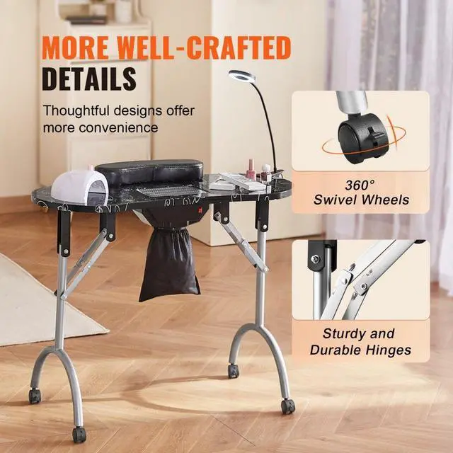 Alt view image 6 of 14 - VEVOR Portable Manicure Table, Foldable Nail Table with Electric Dust Collector, Moveable Nail Tech Desk & 4 Wheels, 3 Dust Bags, Bendable LED Lamp, MDF Nail Art Workstation for Home Spa Beauty Salon