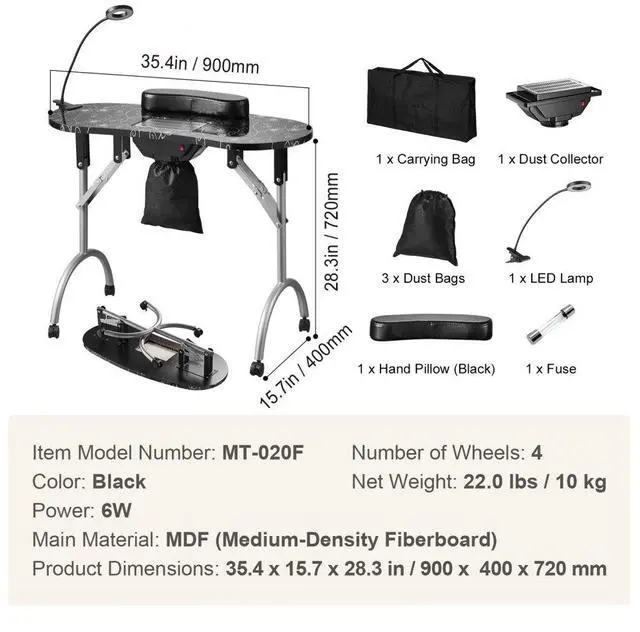 Alt view image 7 of 14 - VEVOR Portable Manicure Table, Foldable Nail Table with Electric Dust Collector, Moveable Nail Tech Desk & 4 Wheels, 3 Dust Bags, Bendable LED Lamp, MDF Nail Art Workstation for Home Spa Beauty Salon