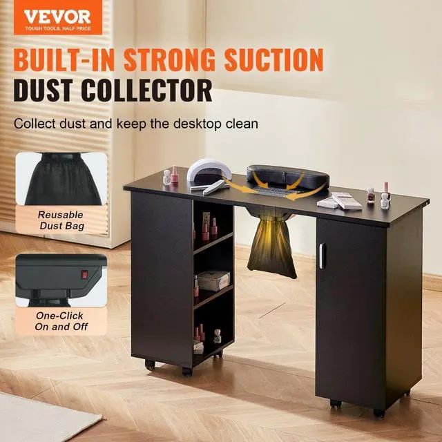 Alt view image 2 of 14 - VEVOR Manicure Table, Nail Table Station with Electric Dust Collector, Moveable Nail Tech Desk with 8 Wheels (4 Lockable), 3 Dust Bag & Wrist Rest, MDF Nail Art Workstation for Spa Beauty Salon, Black