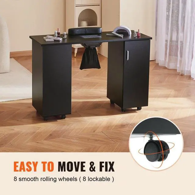 Alt view image 4 of 14 - VEVOR Manicure Table, Nail Table Station with Electric Dust Collector, Moveable Nail Tech Desk with 8 Wheels (4 Lockable), 3 Dust Bag & Wrist Rest, MDF Nail Art Workstation for Spa Beauty Salon, Black