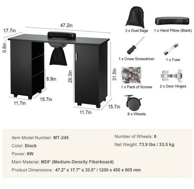 Alt view image 7 of 14 - VEVOR Manicure Table, Nail Table Station with Electric Dust Collector, Moveable Nail Tech Desk with 8 Wheels (4 Lockable), 3 Dust Bag & Wrist Rest, MDF Nail Art Workstation for Spa Beauty Salon, Black