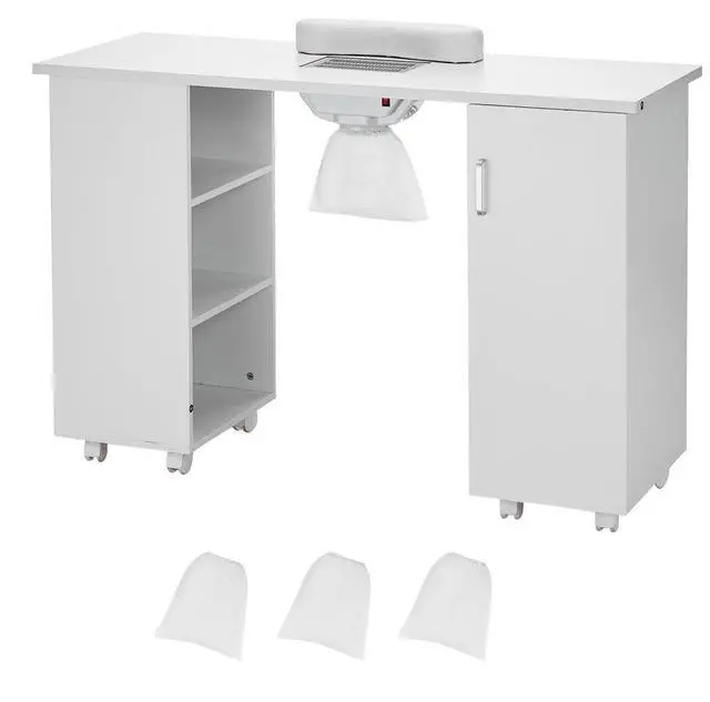 Main image of VEVOR Manicure Table, Nail Table Station with Electric Dust Collector, Moveable Nail Tech Desk with 8 Wheels (4 Lockable), 3 Dust Bag & Wrist Rest, MDF Nail Art Workstation for Spa Beauty Salon, White