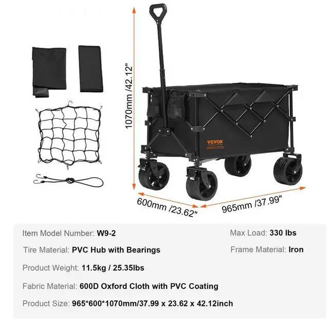 Alt view image 7 of 7 - VEVOR Collapsible Folding Wagon, 220 L Beach Wagon Cart with All-Terrain Wheels, Heavy Duty Folding Wagon Cart Max 330 lbs with Drink Holders, Sports Wagon for Camping, Shopping, Garden