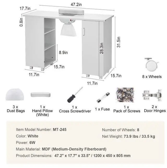 Alt view image 7 of 14 - VEVOR Manicure Table, Nail Table Station with Electric Dust Collector, Moveable Nail Tech Desk with 8 Wheels (4 Lockable), 3 Dust Bag & Wrist Rest, MDF Nail Art Workstation for Spa Beauty Salon, White