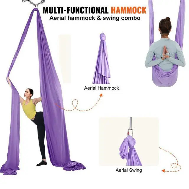 Alt view image 5 of 7 - VEVOR Aerial Yoga Hammock & Swing, 4.4 Yards, Yoga Starter Kit with 100gsm Nylon Fabric, Full Rigging Hardware and Easy Set-up Guide, Antigravity Flying for All Levels Fitness Bodybuilding, Purple