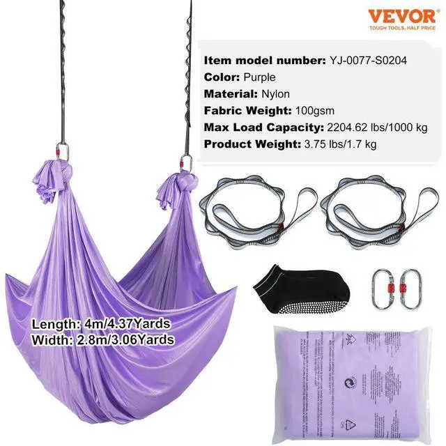 Alt view image 7 of 7 - VEVOR Aerial Yoga Hammock & Swing, 4.4 Yards, Yoga Starter Kit with 100gsm Nylon Fabric, Full Rigging Hardware and Easy Set-up Guide, Antigravity Flying for All Levels Fitness Bodybuilding, Purple