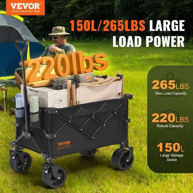 Alt view image 2 of 7 - VEVOR Collapsible Folding Wagon, 150 L Beach Wagon Cart with All-Terrain Wheels, Heavy Duty Folding Wagon Cart Max 265 lbs with Drink Holders, Sports Wagon for Camping, Shopping, Garden