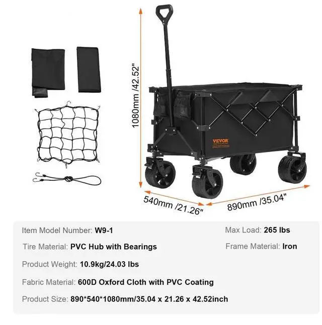 Alt view image 7 of 7 - VEVOR Collapsible Folding Wagon, 150 L Beach Wagon Cart with All-Terrain Wheels, Heavy Duty Folding Wagon Cart Max 265 lbs with Drink Holders, Sports Wagon for Camping, Shopping, Garden