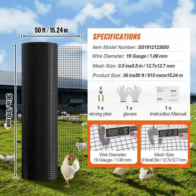 Alt view image 7 of 14 - VEVOR Hardware Cloth, 36'' x 50' Galvanized Wire Mesh Roll, 19 Gauge Chicken Wire Fence Roll, Vinyl Coating Metal Wire Mesh for Chicken Coop Barrier, Rabbit Snake Fences, Poultry Enclosures