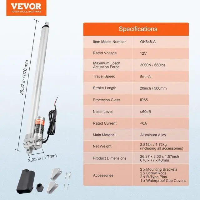 Alt view image 7 of 7 - VEVOR Linear Actuator 12V, 20 Inch Waterproof IP65 Linear Actuator, 660lbs/3000N 0.19"/s Linear Motion Actuator with Mounting Bracket