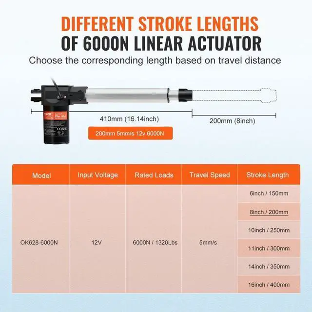 Alt view image 3 of 7 - VEVOR Linear Actuator 12V 8Inch Heavy Duty 1320lbs/6000N 0.19"/s IP44 Protection