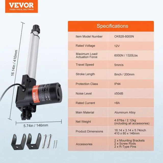 Alt view image 7 of 7 - VEVOR Linear Actuator 12V 8Inch Heavy Duty 1320lbs/6000N 0.19"/s IP44 Protection