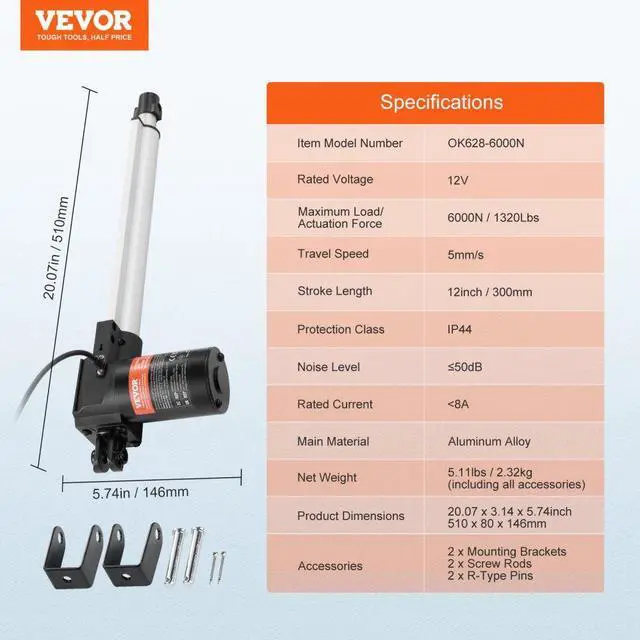 Alt view image 7 of 7 - VEVOR Linear Actuator 12V, 12 Inch Heavy Duty 1320lbs/6000N Linear Actuator, 0.19"/s Linear Motion Actuator with Mounting Bracket & IP44 Protection for Electric Door Industrial Machinery Vessels Cargo