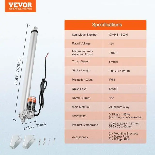 Alt view image 7 of 7 - VEVOR Linear Actuator 12V, 18 Inch High Load 330lbs/1500N Linear Actuator, 0.19"/s Linear Motion Actuator with Mounting Bracket and IP54 Protection
