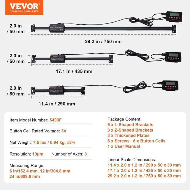 Alt view image 7 of 7 - VEVOR Digital Readout, 6'' & 12'' & 24'', Linear Scale 3 Axis DRO Display Kit with L-Shaped Brackets Z-Shaped Brackets Thickened Plates Screws Button Cells