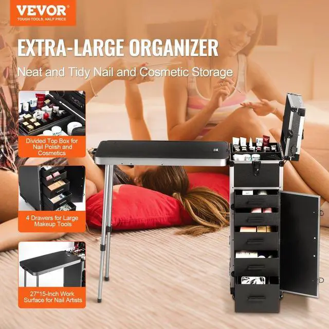 Alt view image 2 of 7 - VEVOR Professional Makeup Train Case Aluminum Cosmetic Case, Workbench With Supporting Legs, Rolling Makeup Case Extra Large Trolley Makeup Travel Organizer, with 360° Swivel Wheels, Black