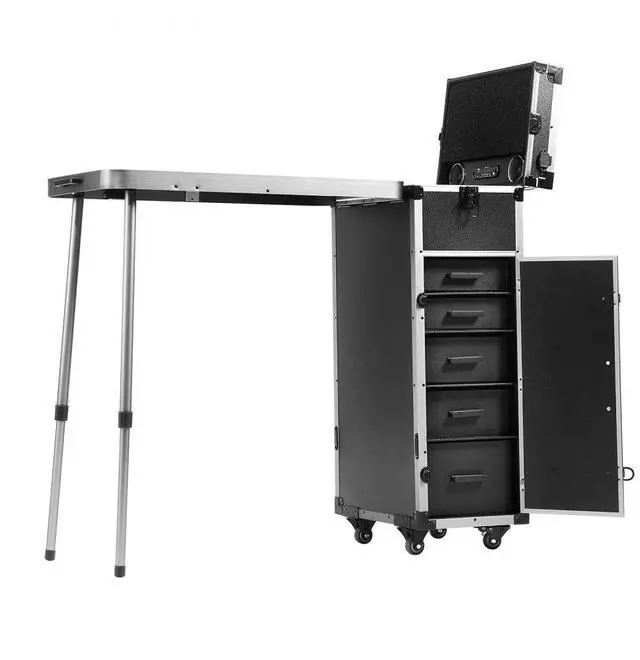 Main image of VEVOR Professional Makeup Train Case Aluminum Cosmetic Case, Workbench With Supporting Legs, Rolling Makeup Case Extra Large Trolley Makeup Travel Organizer, with 360° Swivel Wheels, Black