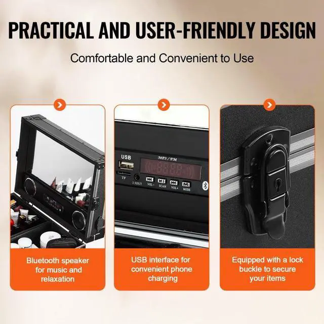 Alt view image 5 of 7 - VEVOR Professional Makeup Train Case Aluminum Cosmetic Case, Workbench With Supporting Legs, Rolling Makeup Case Extra Large Trolley Makeup Travel Organizer, with 360° Swivel Wheels, Black