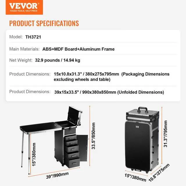 Alt view image 7 of 7 - VEVOR Professional Makeup Train Case Aluminum Cosmetic Case, Workbench With Supporting Legs, Rolling Makeup Case Extra Large Trolley Makeup Travel Organizer, with 360° Swivel Wheels, Black