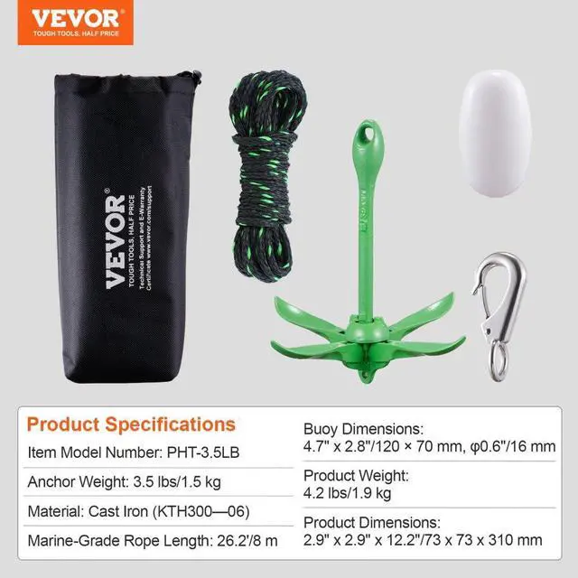 Alt view image 7 of 7 - VEVOR Kayak Anchor Kit, 3.5 lb Paddle Board Anchor Kit with 26.2 ft/8 m Rope and Buoy, Folding Small Boat Anchor with Storage Bag and Snap Hook, Kayak Accessories for Kayaks, Small Boats, Canoes